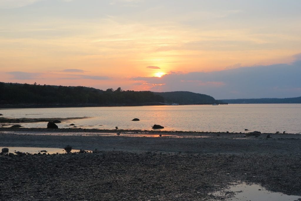Sunset at Bar Harbor Land Bridge to Bar Island near Acadia National Park in Maine