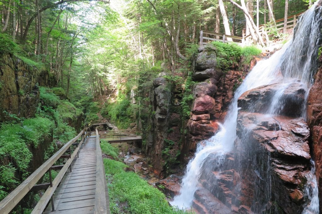 Flume Gorge boardwalk and beautiful waterfall scenery in New Hampshire - Franconia Notch State Park