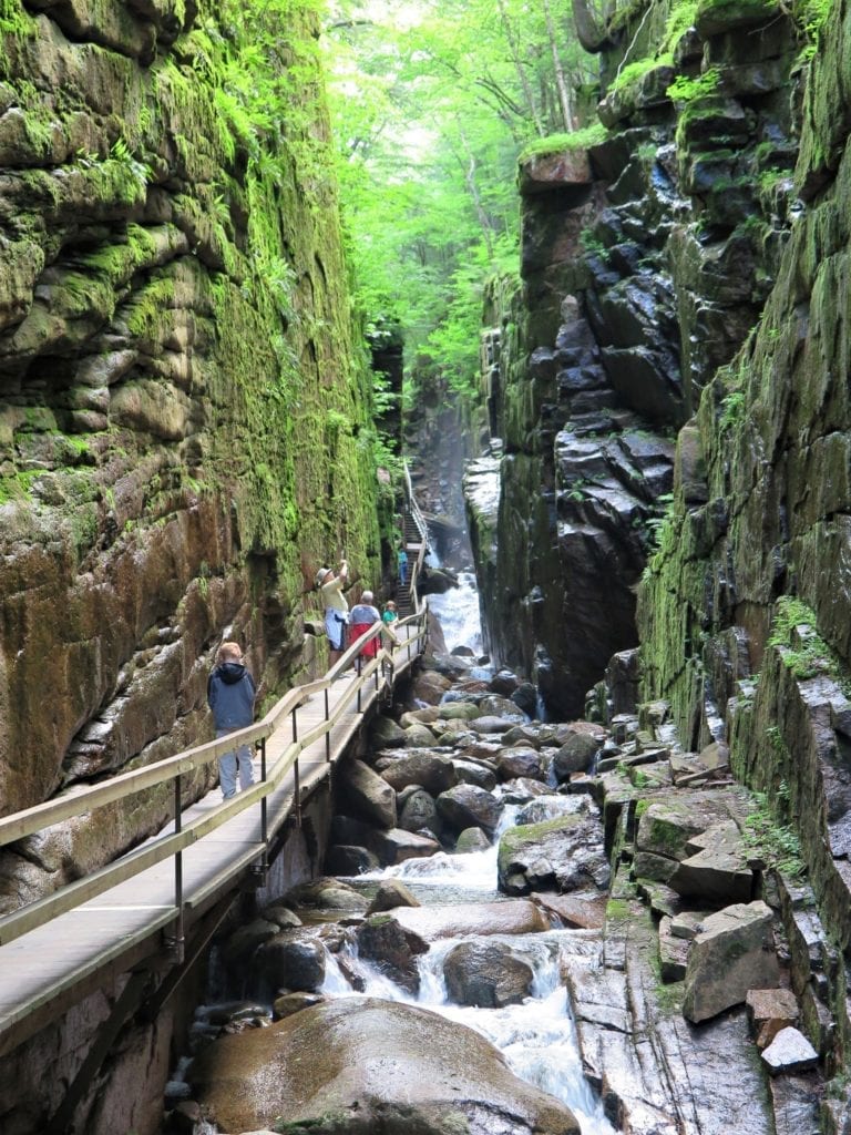 Boardwalk along the narrow gorge at Flume Gorge, in Franconia State Park, New Hampshire - Top Family Trail