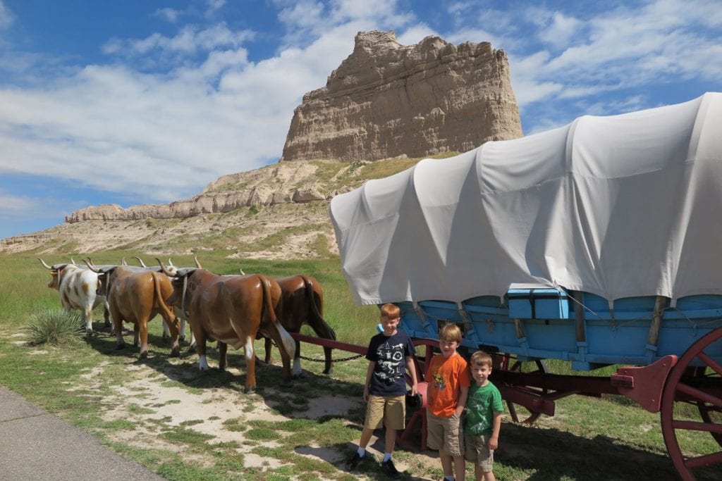 Scotts Bluff, Nebraska with a covered wagon