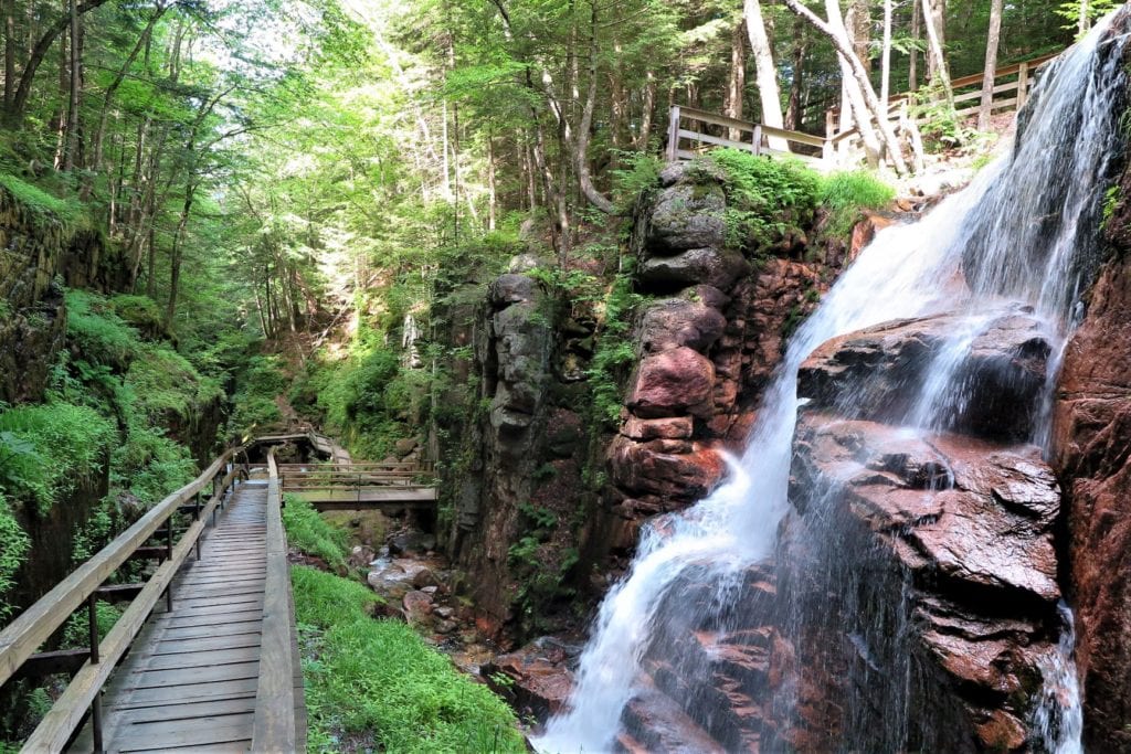 Flume Gorge boardwalk and waterfall view, Franconia Notch, New Hampshire