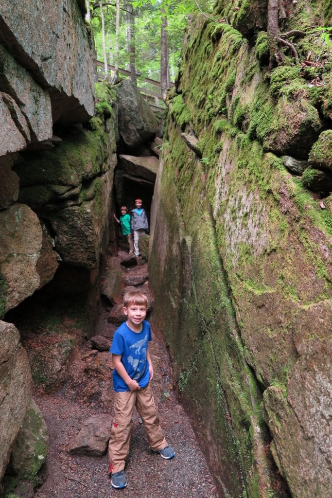Flume Gorge "Wolf Den", Franconia Notch, New Hampshire - Fun for Kids along the trail