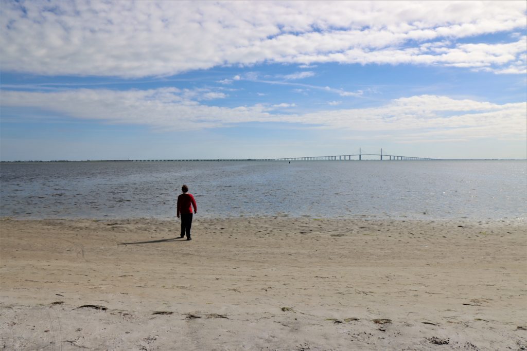 Fort De Soto secluded beach along the bike path - looking at the Sunshine Skyway Bridge, Florida