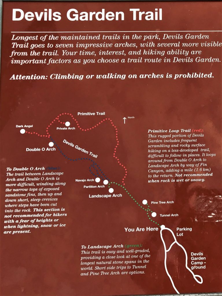 Devils Garden Trail Map at Arches National Park, Utah - Landscape Arch, Partition Arch, Navajo Arch, Double O Arch and more