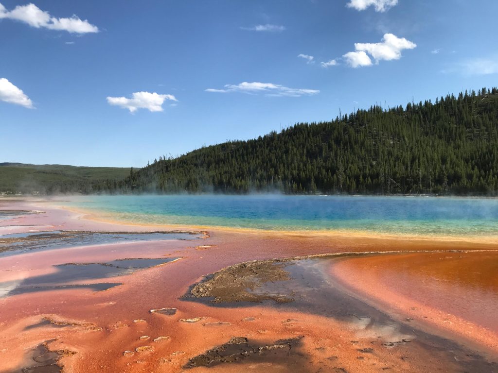Grand Prismatic from the boardwalk - Gorgeous orange and blue colors - Yellowstone, Wyoming
