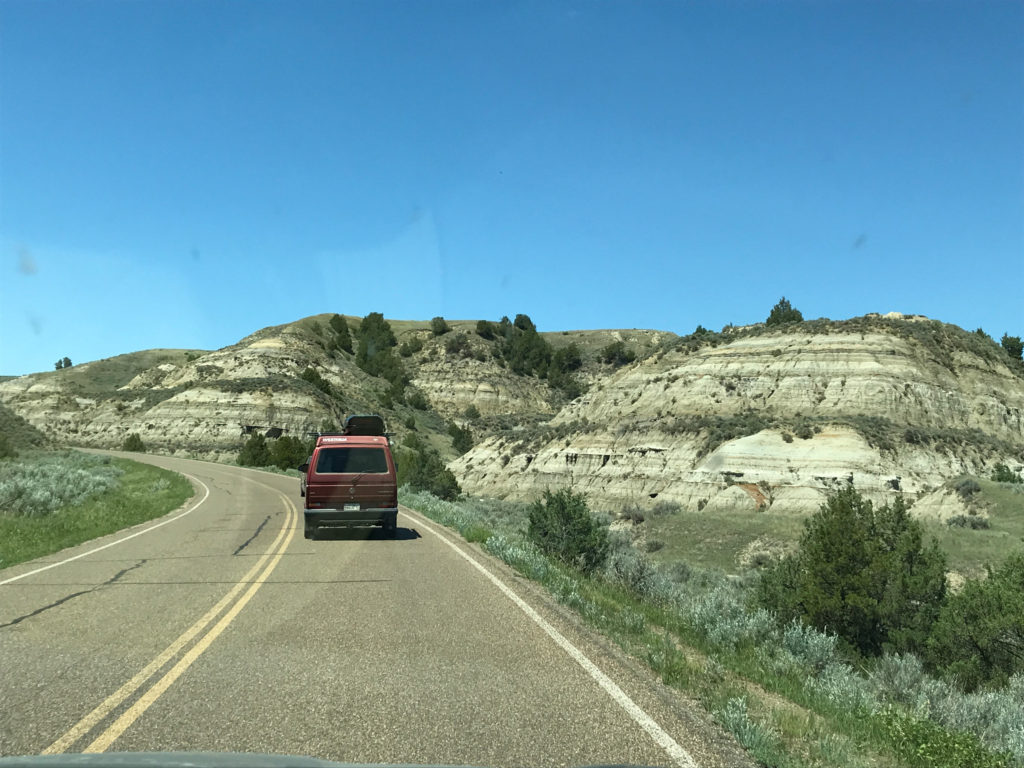 Unique landscape while driving through Theodore Roosevelt National Park - North Dakota