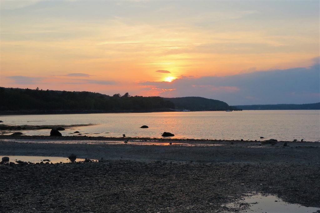 Land Bridge from Bar Harbor to Bar Island at sunset in Maine - near Acadia National Park